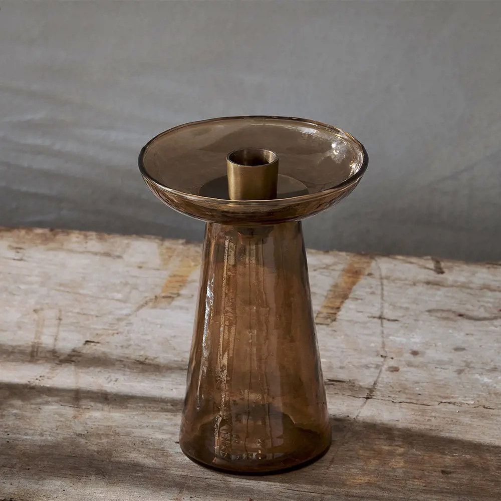Nkuku Avyn Recycled Glass Candle Holder Smoke Amber Small